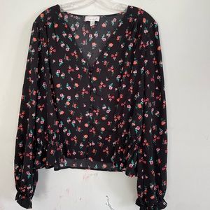 Topshop Womens Black Floral Long Sleeve Button Blouse, Size US 14